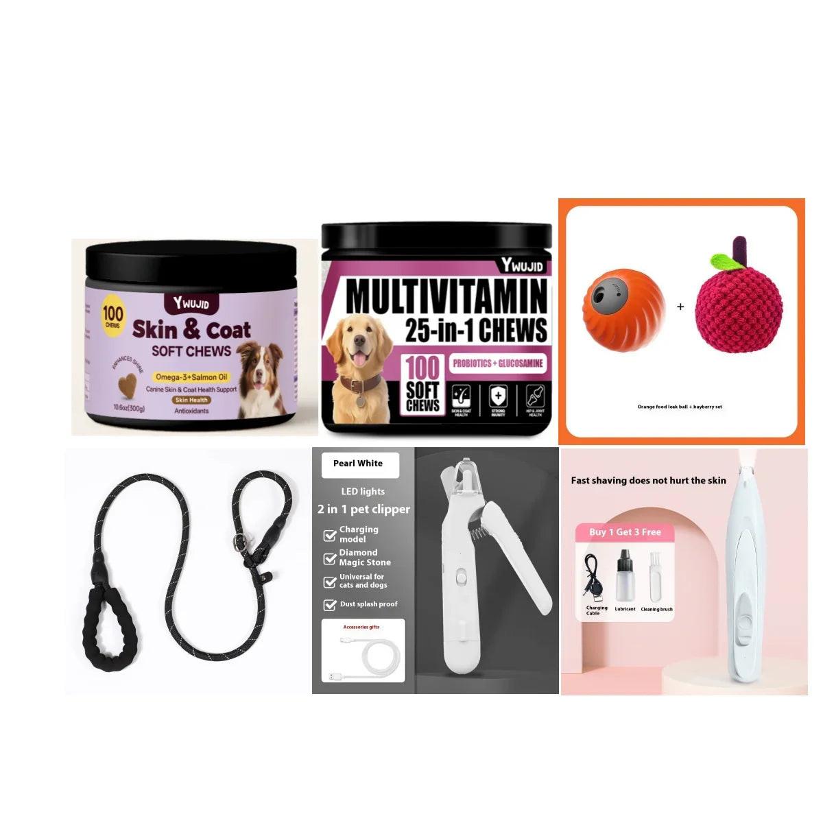 Assorted premium pet essentials including dog vitamins, chew toys, leash, and grooming tools.