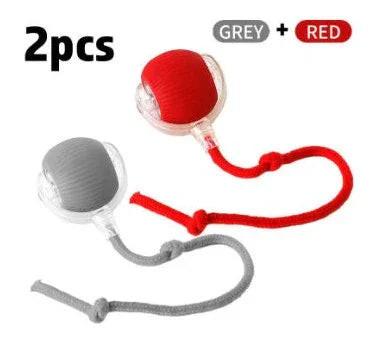 Set of two pet chew toys in grey and red with attached ropes, ideal for dogs or cats.
