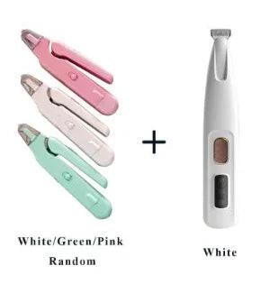 Pet nail clippers in pink, white, green colors and an electric nail grinder for dogs and cats