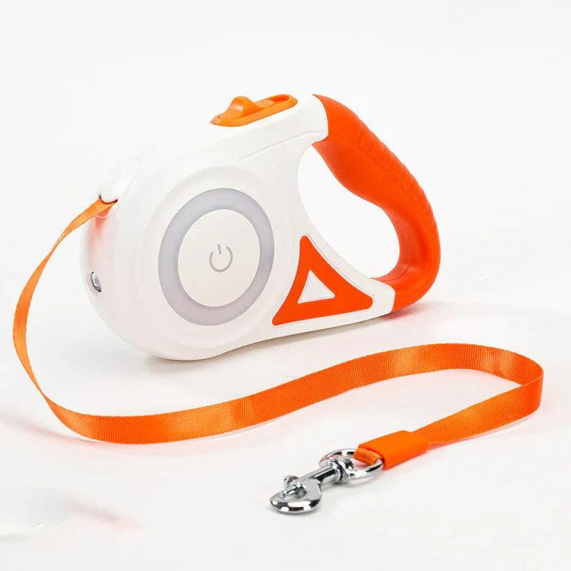 Orange and white retractable dog leash with ergonomic handle and metal clip on white background