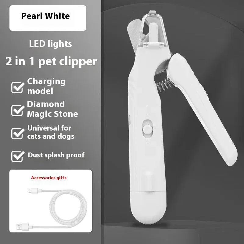 Pearl white 2-in-1 pet clipper with LED lights and charging cable for cats and dogs
