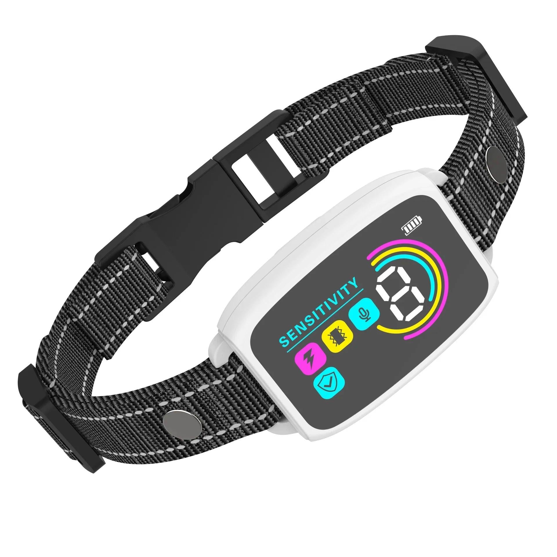 Adjustable smart pet collar with digital display and sensitivity controls on black nylon strap