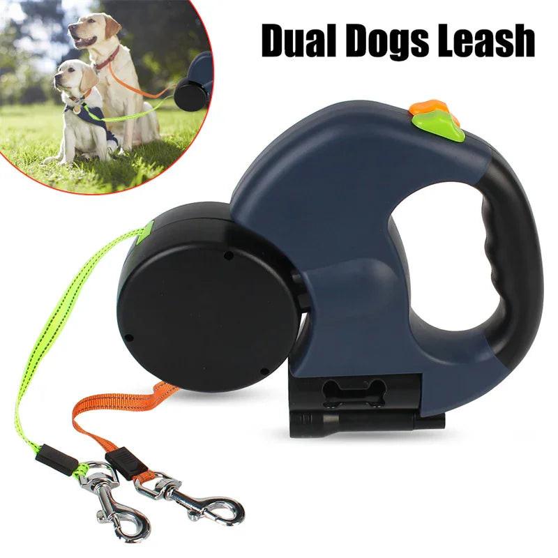 Retractable dual dog leash with ergonomic handle and two leashes, for walking two dogs.