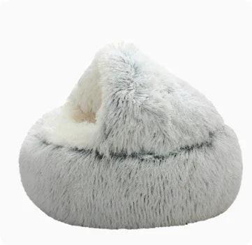 Soft fluffy gray pet cave bed for cats and dogs with cozy enclosed design