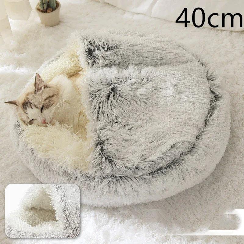 Fluffy cat sleeping in a cozy grey and white plush cat bed with hooded cover, 40cm size