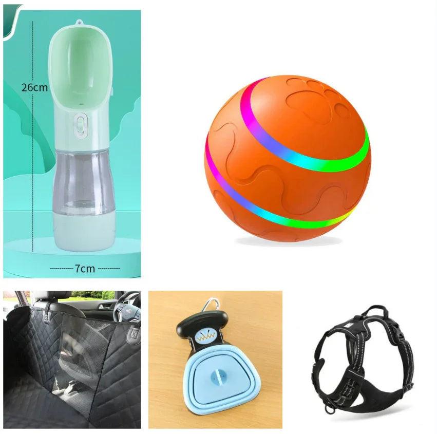 Pet travel water bottle, interactive LED ball, car seat cover, portable waste bag dispenser, and adjustable pet harness