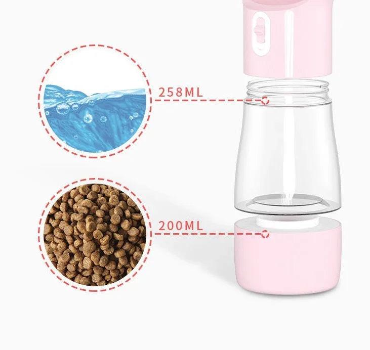 Portable pink pet water bottle and food dispenser with 258ml water and 200ml food capacity