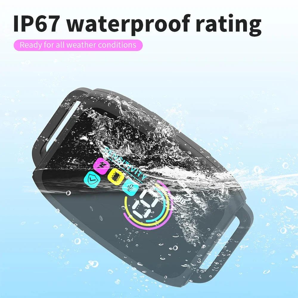 IP67 waterproof pet tracker device with splash effect and digital display, suitable for dogs or cats.