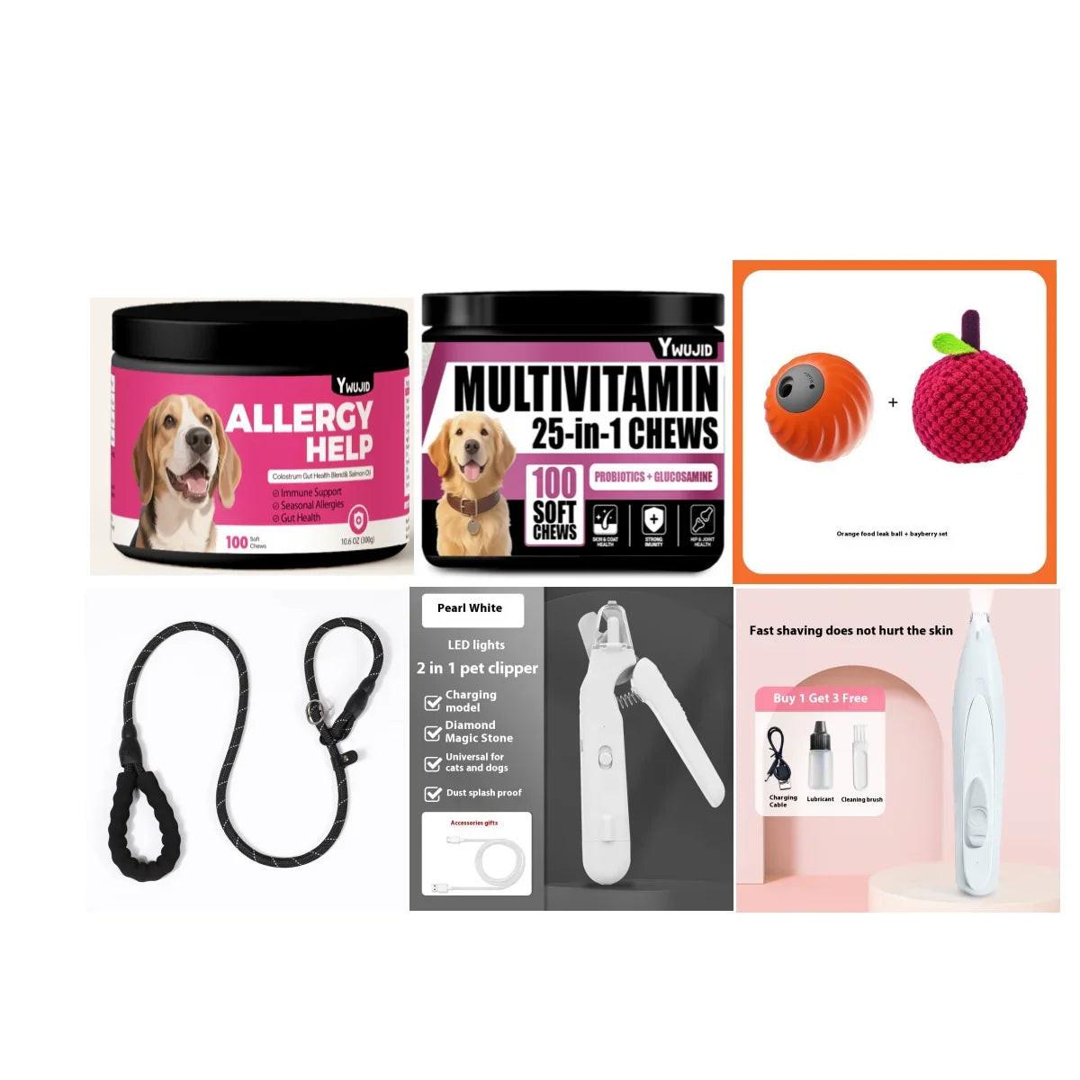 Assorted pet essentials including dog allergy chews, multivitamin soft chews, pet toys, leash, and electric pet clippers.
