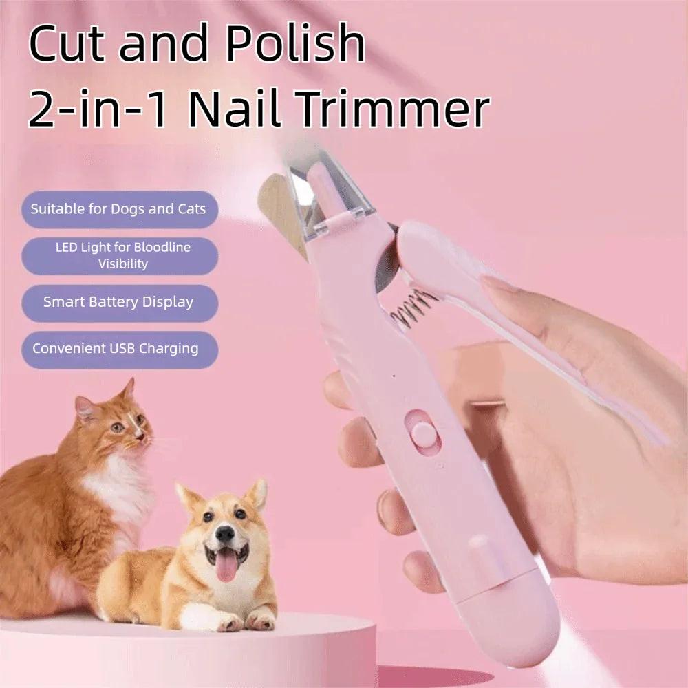 Hand holding pink 2-in-1 LED pet nail trimmer for dogs and cats with battery display