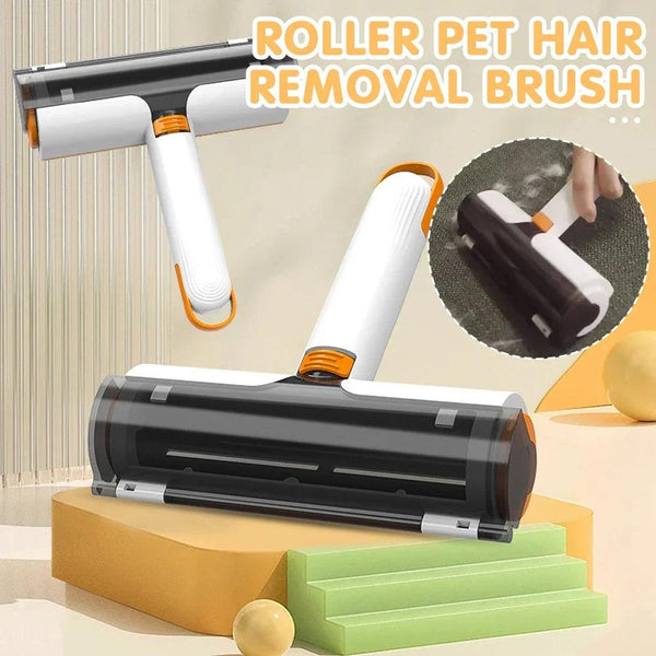 Roller pet hair removal brush for dogs and cats on modern display with demonstration inset.