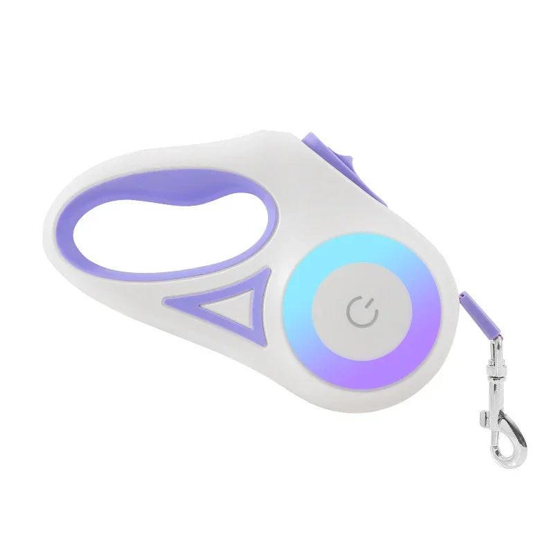 Retractable LED dog leash with purple and blue accents and ergonomic handle