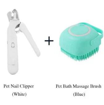 White pet nail clipper and blue pet bath massage brush grooming set