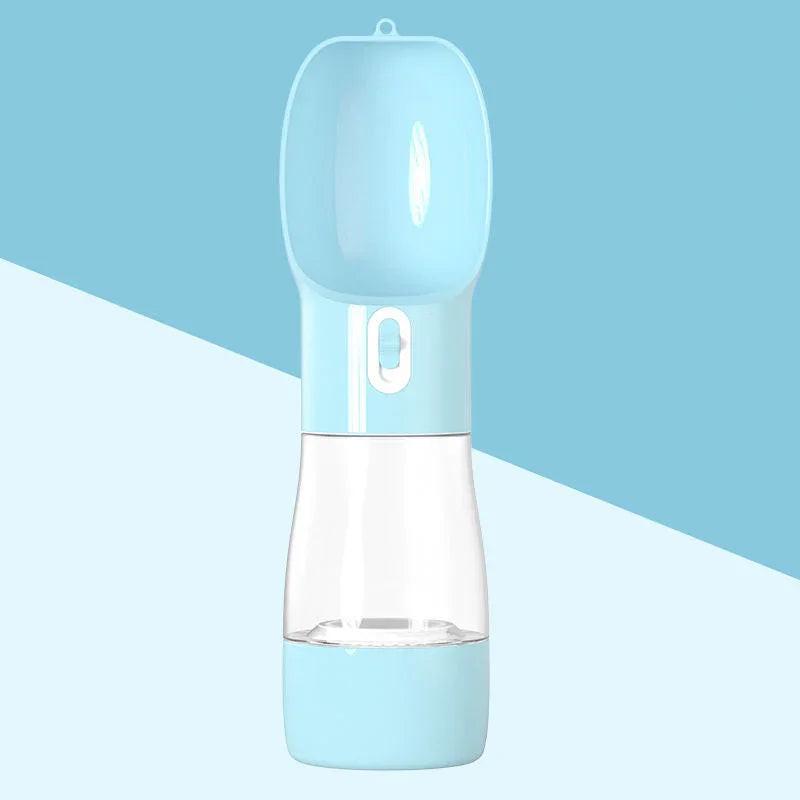 Portable pet water bottle in light blue with built-in drinking cup for dogs and cats