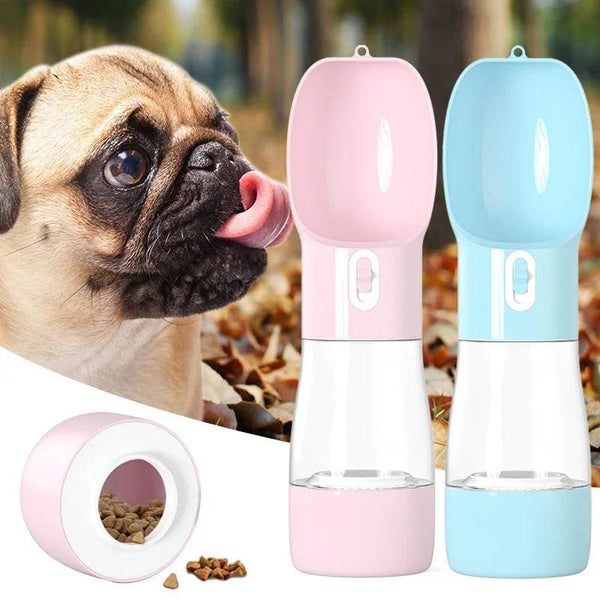 Portable dog water bottles in pink and blue, dog treat container, and pug outdoors.