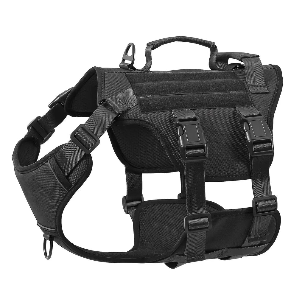 Black tactical dog harness with adjustable straps, sturdy handle, and secure buckles