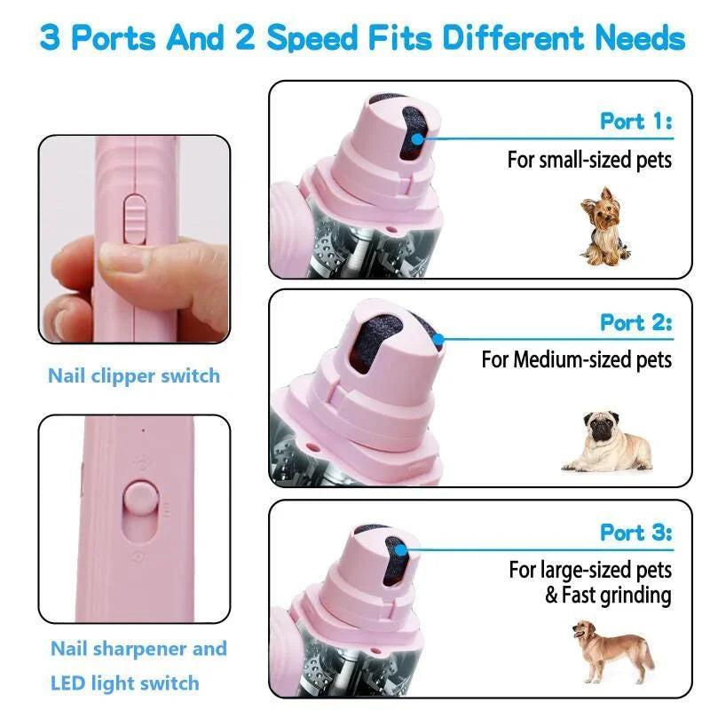 Pet nail grinder with 3 ports for small, medium, and large dogs, adjustable speed, pink design