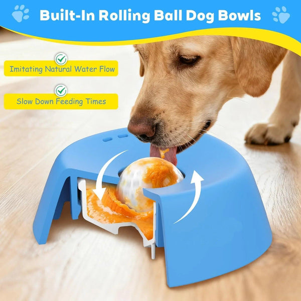 Dog using blue rolling ball dog bowl slow feeder to eat wet food on wooden floor