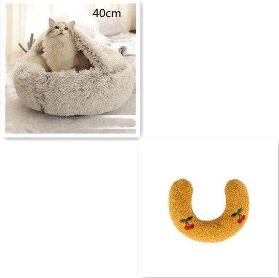 Fluffy cat bed with dome cover, 40cm, and yellow cherry-patterned pet neck pillow.