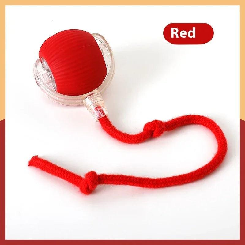 Red interactive pet toy ball with a textured surface and attached red rope.