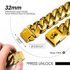 32mm wide strong gold stainless steel dog chain collar with press unlock clasp