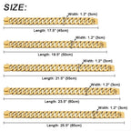 Gold stainless steel dog chain collars in five lengths, 1.2 inch wide, size chart display.