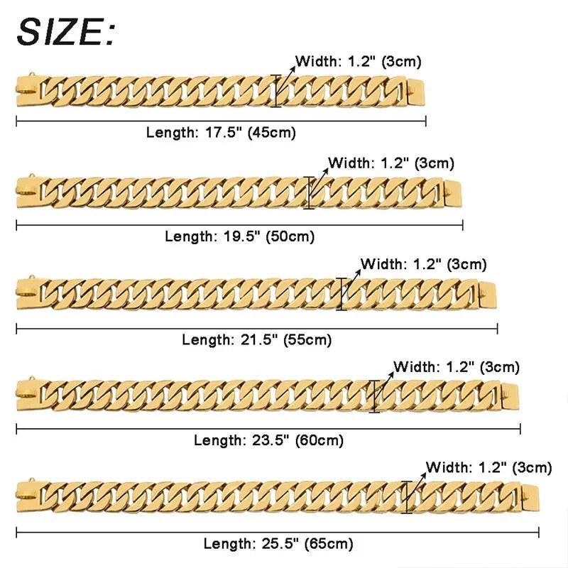 Gold stainless steel dog chain collars in five lengths, 1.2 inch wide, size chart display.