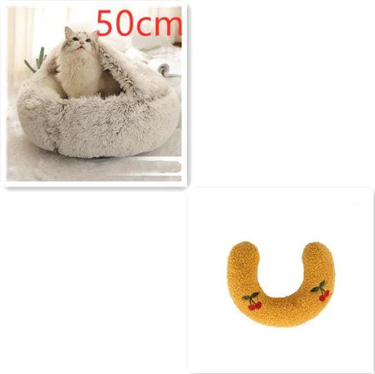 White fluffy cat bed with cat inside, 50cm diameter, and yellow cherry-shaped plush toy.