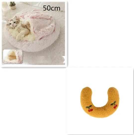 Cozy pink cat bed with cover, 50cm size, and yellow cherry-patterned pet neck pillow.