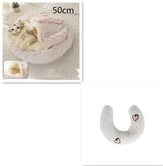 Fluffy cat bed with hood, 50cm, featuring cozy plush material and a removable cushion.