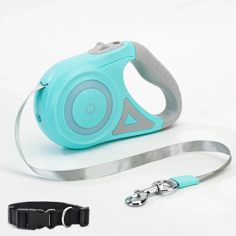 Retractable turquoise dog leash with gray handle and matching black pet collar on white background