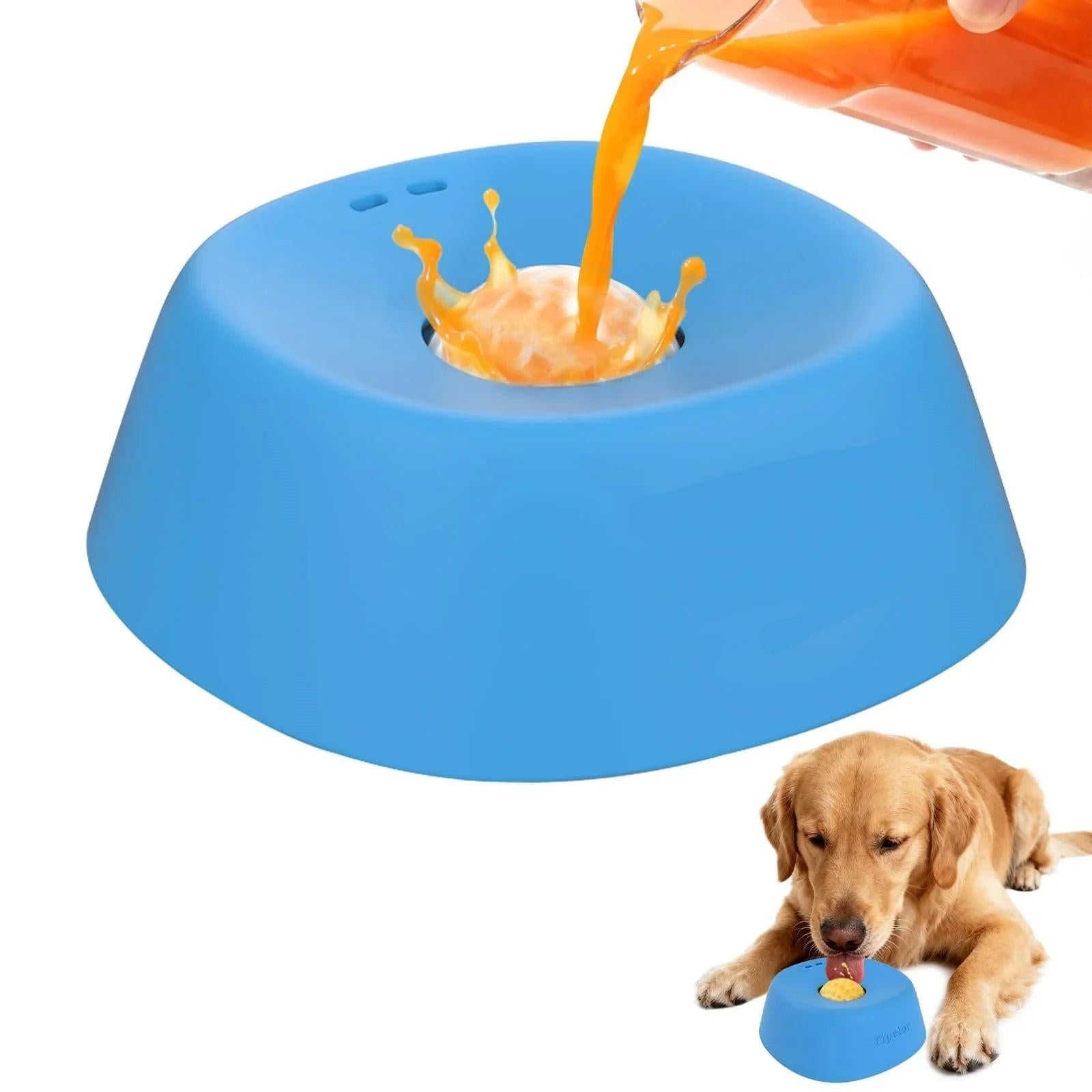 Blue anti-spill dog bowl with orange liquid splash, golden retriever drinking