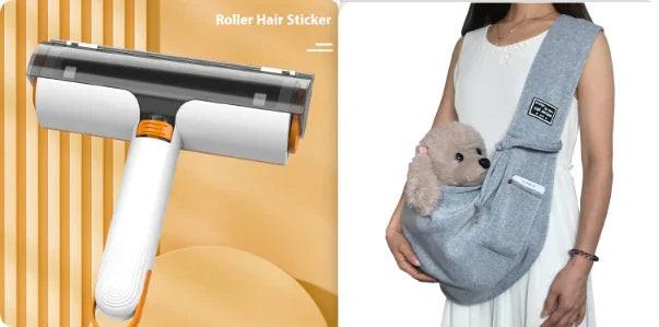 Pet hair remover roller and woman carrying small dog in a gray sling carrier