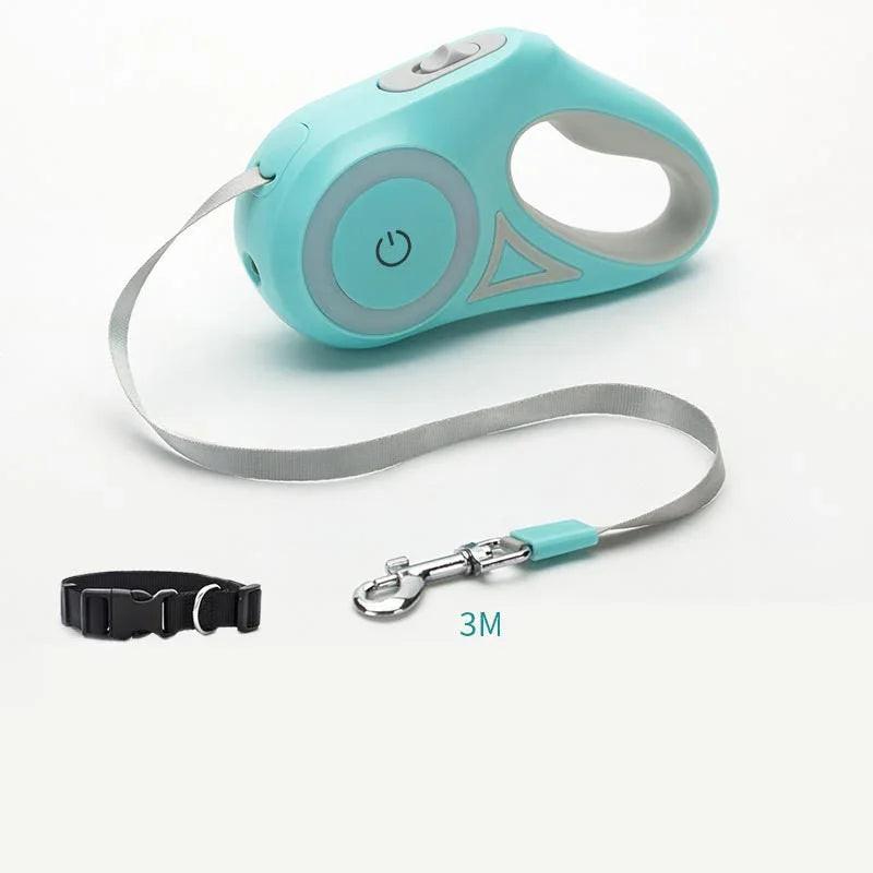 Retractable turquoise dog leash with gray tape, metal clip, and matching black collar.