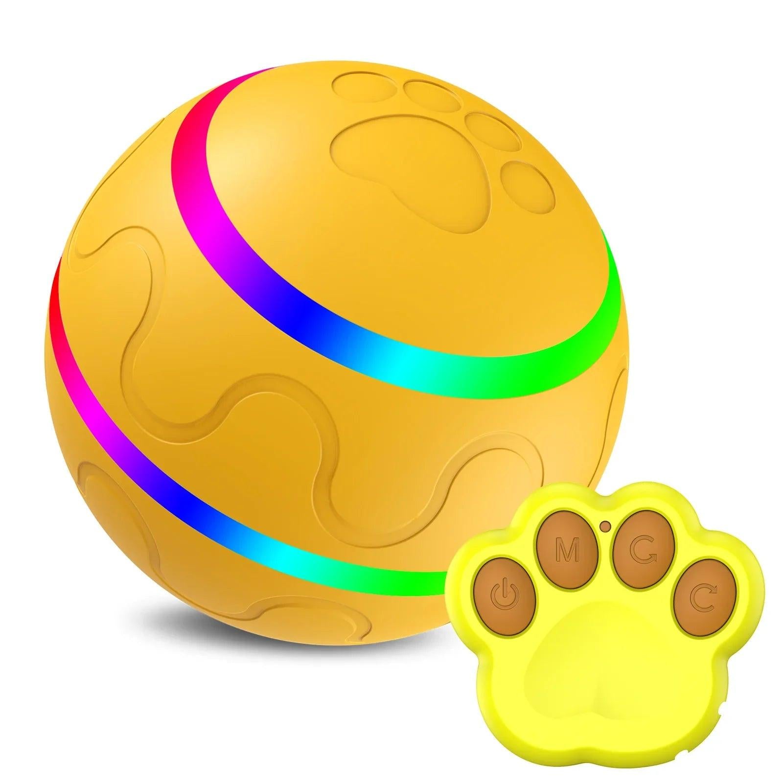 Yellow interactive pet toy ball with remote control, colorful LED lights, paw print design