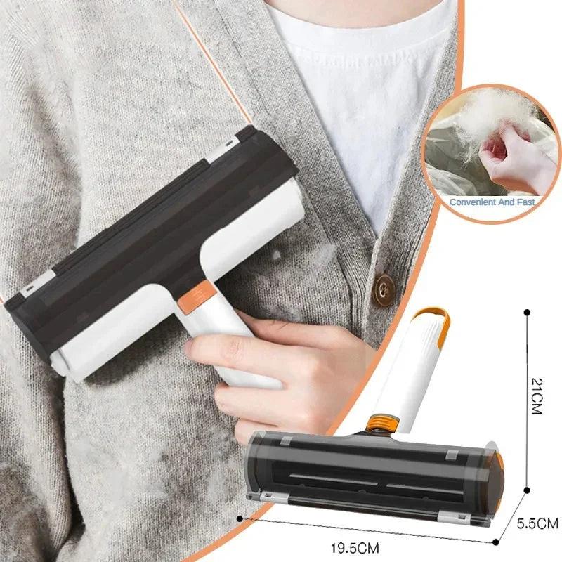 Hand using reusable pet hair remover roller on grey sweater, close-up with product measurements