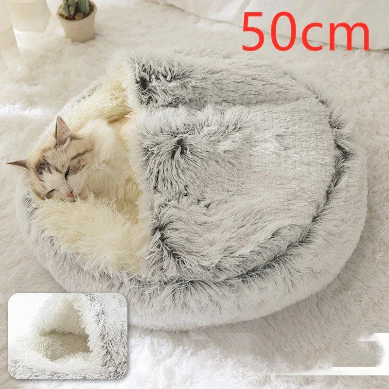 Fluffy grey cat bed 50cm with cozy cover, sleeping cat inside, ideal for pet comfort.