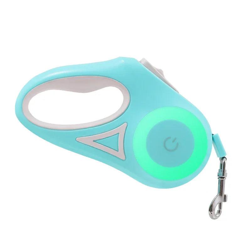 Light blue retractable dog leash with LED light and ergonomic handle