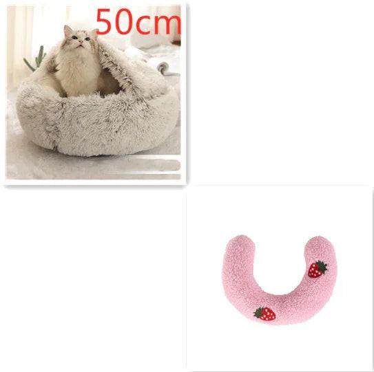 Plush cat bed with hood, 50cm, and pink soft pet recovery collar with strawberry patches.