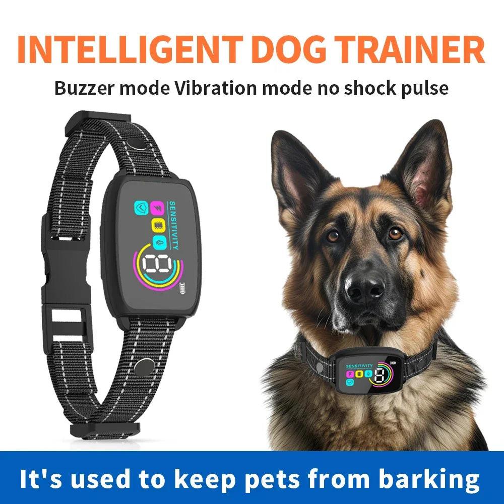 Smart anti-bark dog collar with display on a German Shepherd, no-shock training device