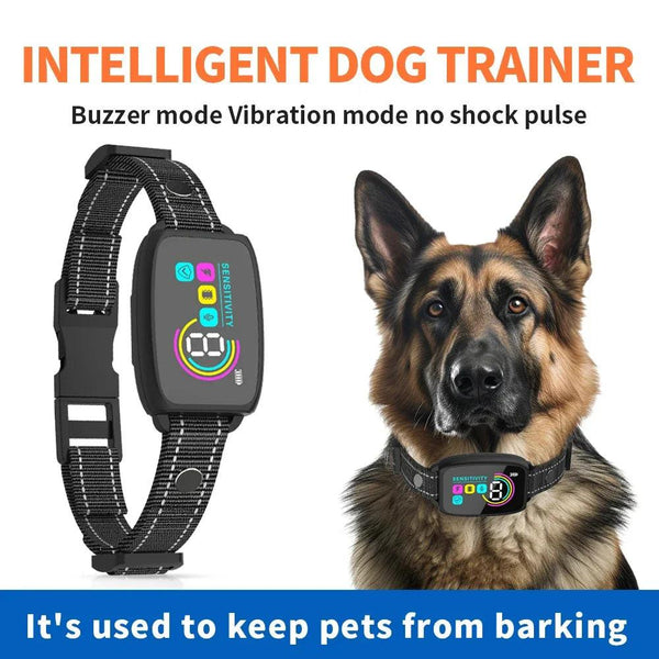 Smart anti-bark dog collar with display on a German Shepherd, no-shock training device
