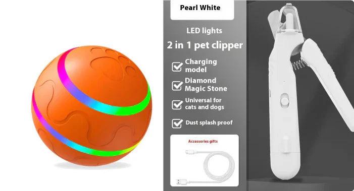 Orange LED pet toy ball and white 2-in-1 pet clipper for cats and dogs, accessories included.