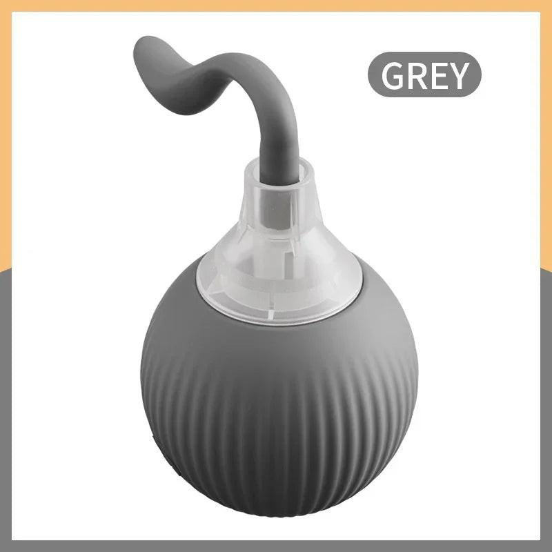 Grey silicone pet ear cleaning bulb with curved nozzle on white background