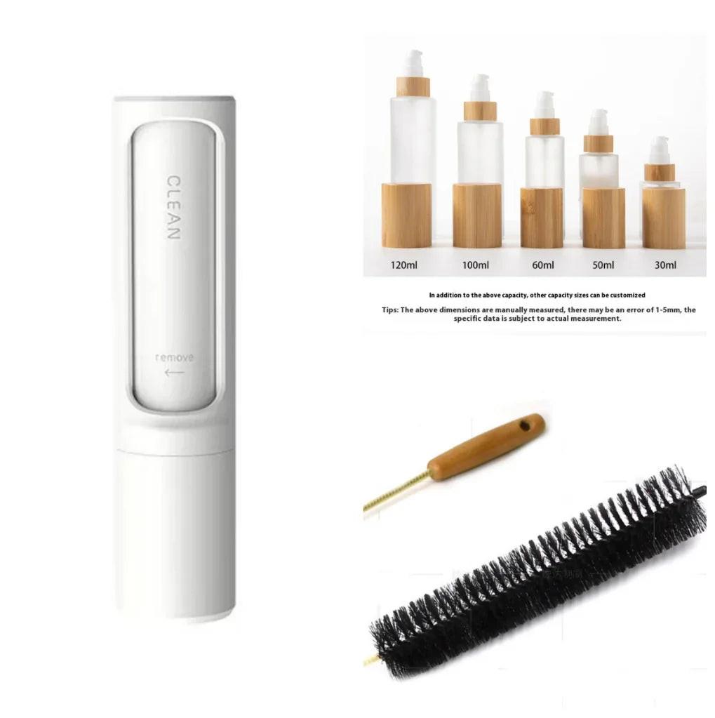 Pet grooming cleaning kit with spray bottle, bamboo pump bottles, and cleaning brush