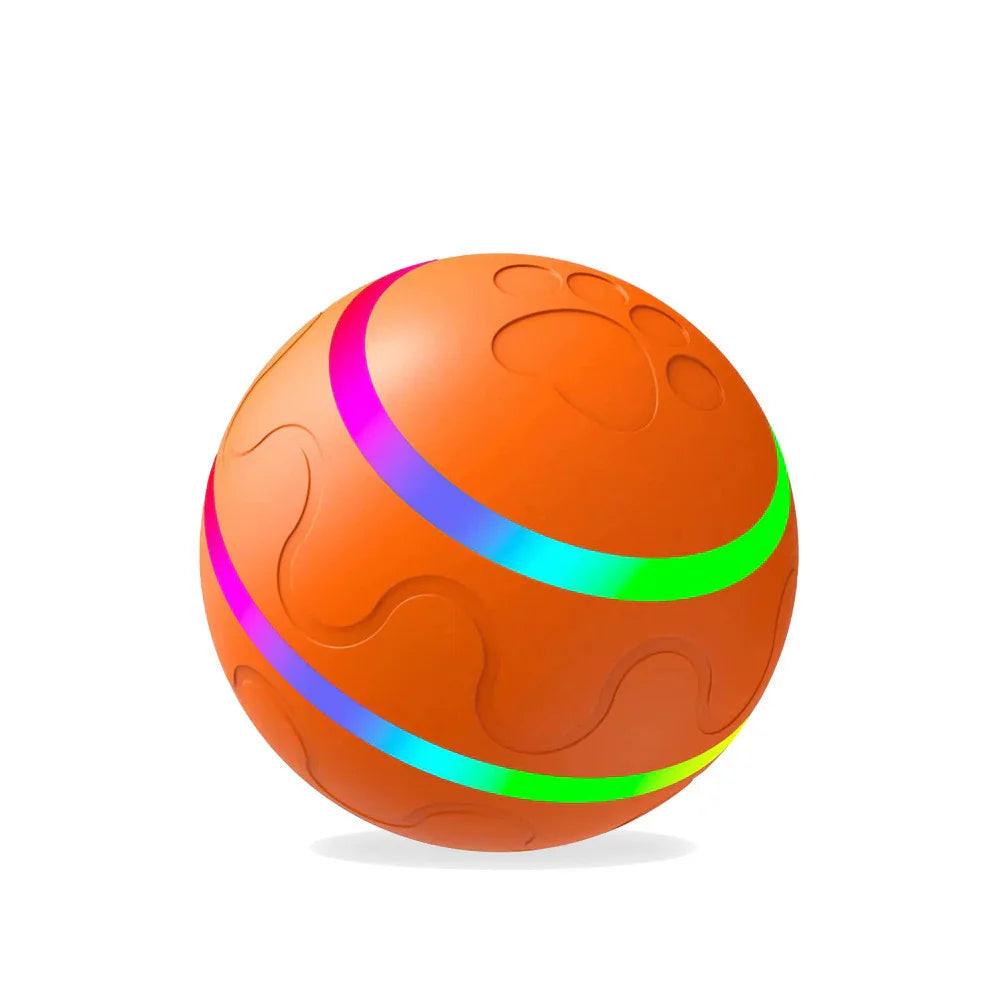 Orange interactive pet ball with colorful LED lights and paw print design for dogs and cats