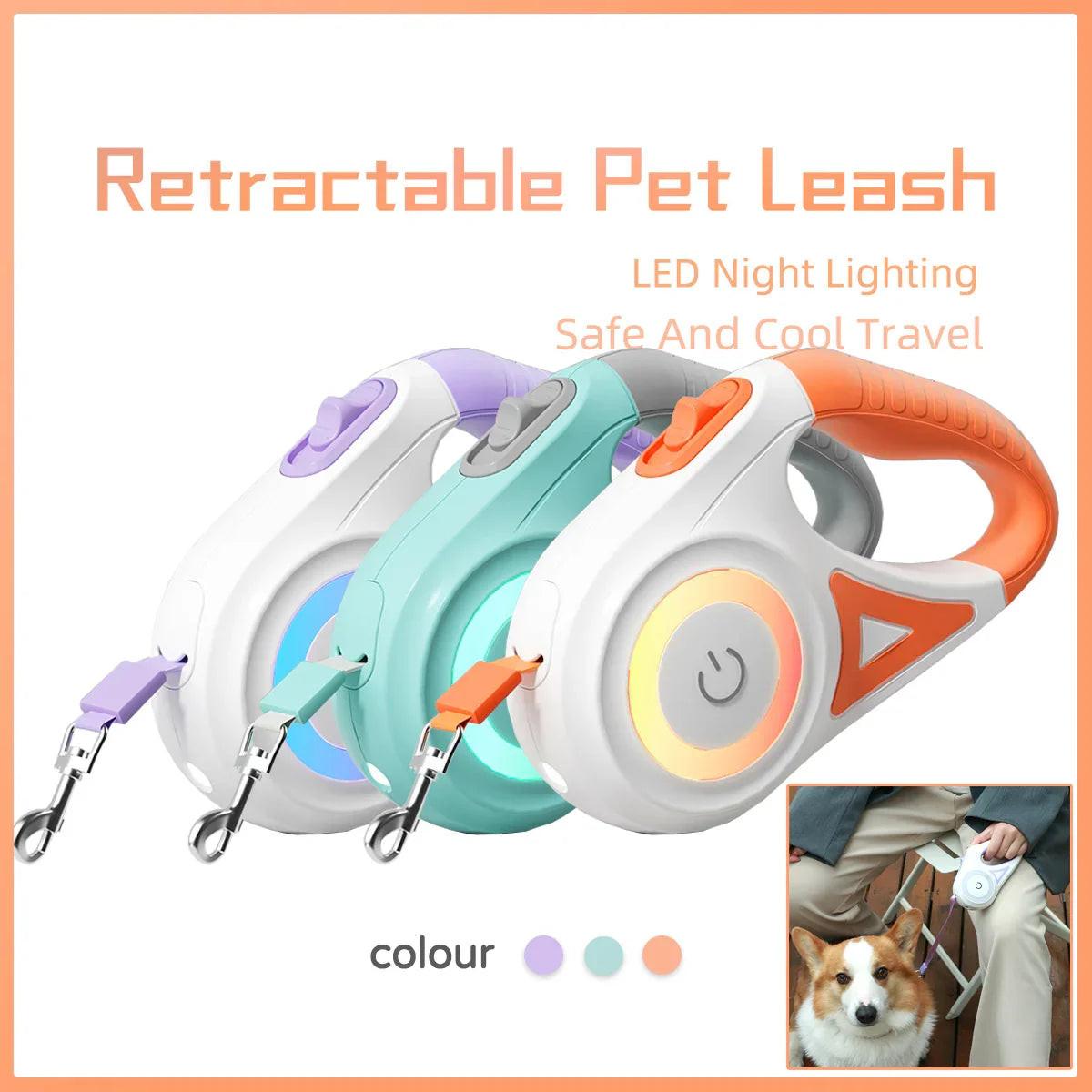 Retractable pet leash with LED night light, shown in three colors, for dog walking safety.