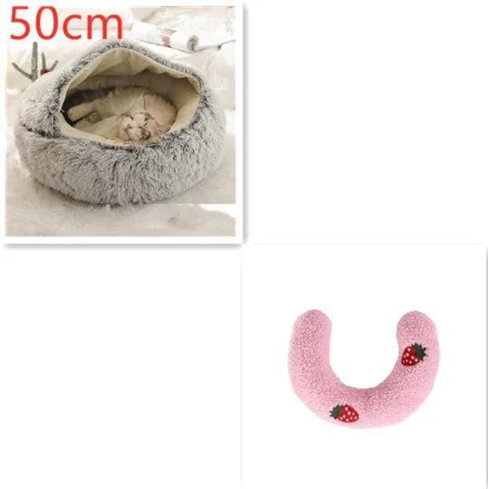 Gray fluffy pet bed with a sleeping cat, 50cm size, and pink strawberry-patterned neck pillow.