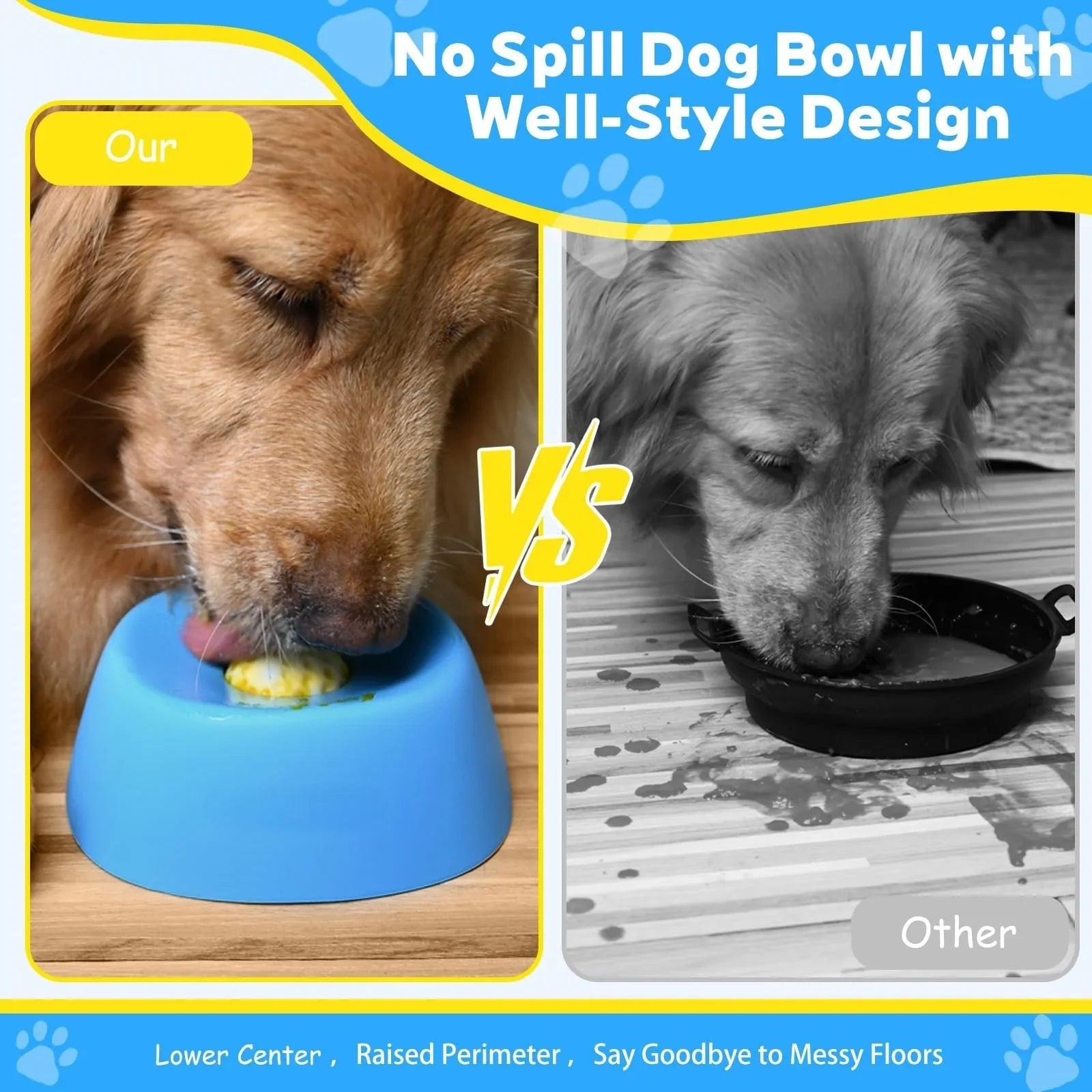 Dog eating from a blue no-spill dog bowl with raised rim versus standard bowl with spills