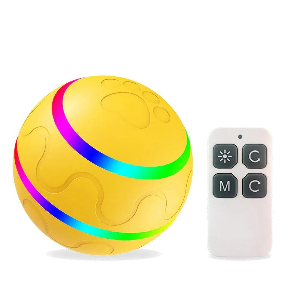 Yellow interactive pet toy ball with LED lights and remote control, perfect for cats and dogs