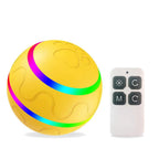 Yellow interactive pet toy ball with LED lights and remote control, perfect for cats and dogs